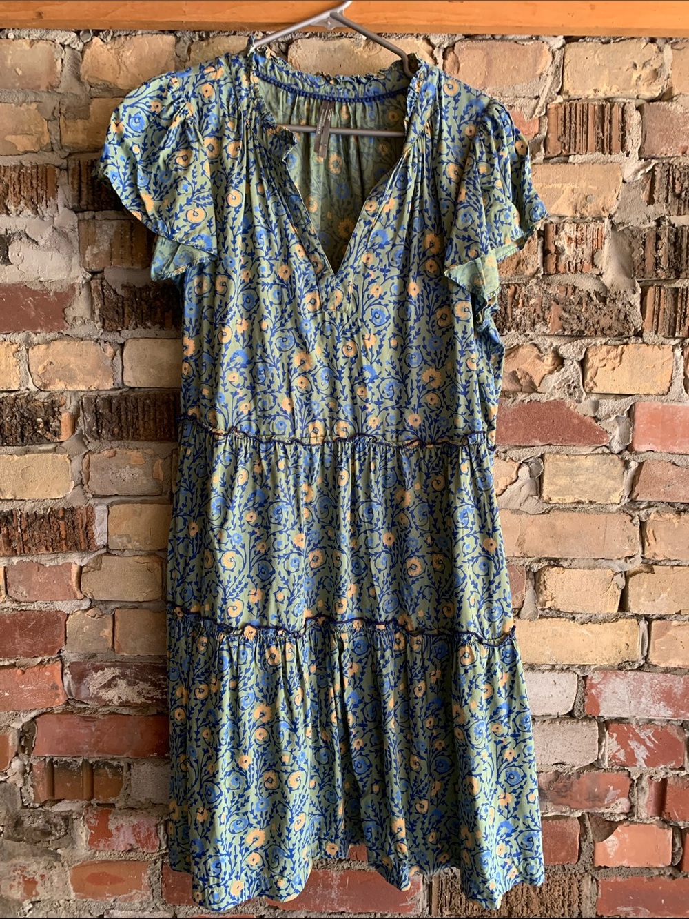 Anthropologie Blue and Yellow Floral V-Neck Tiered Midi Dress